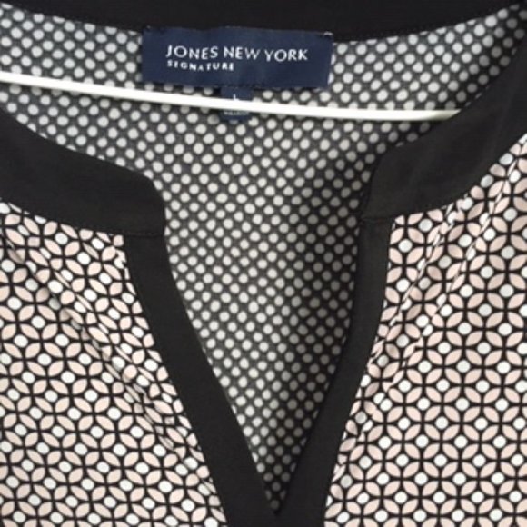 JONES NEW YORK SIGNATURE BLOUSE.  SIZE L.  COLOR :  BLACK, WHITE AND PINK - Picture 3 of 3